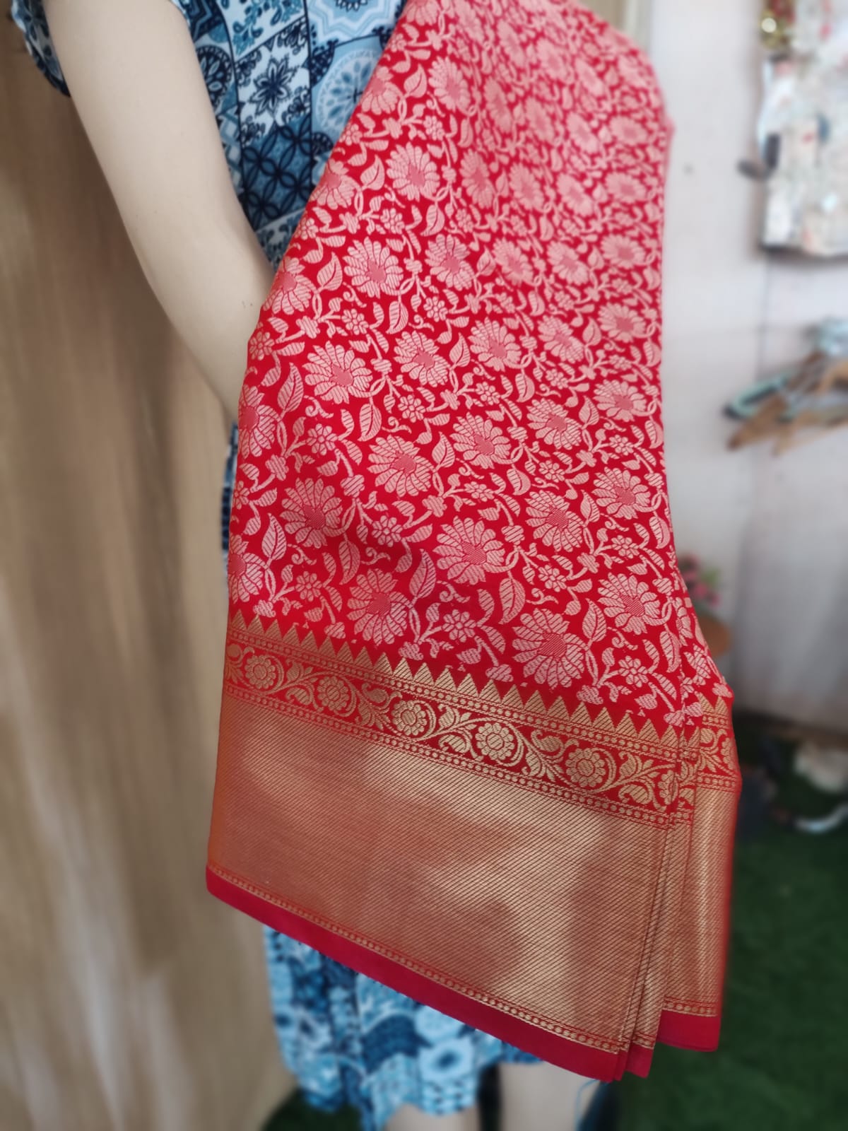 Vibrant Red colour Banarasi Silk Saree with embosing zari work allover saree